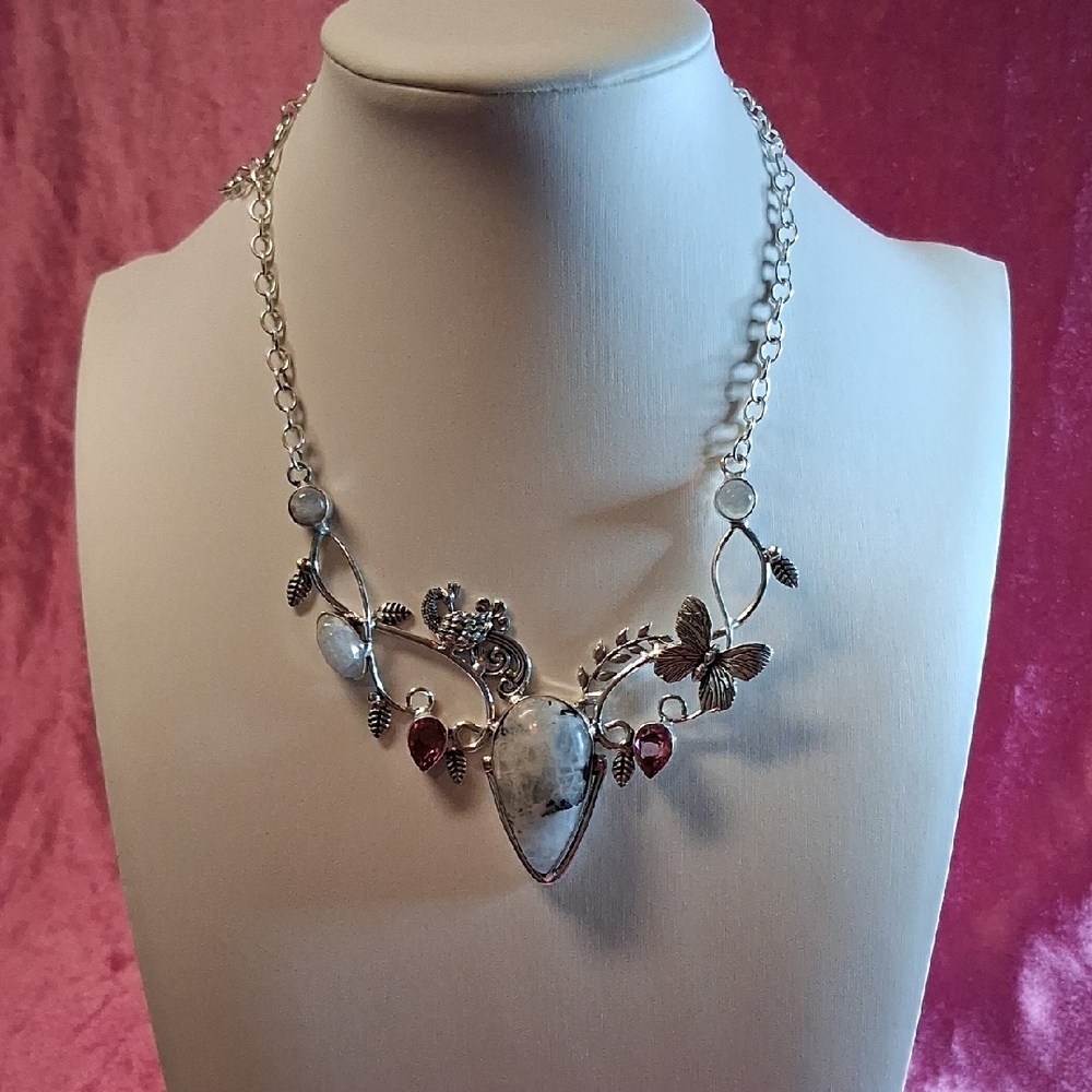 Silverplated Moonstone and Glass Accent Butterfly and Peacock Necklace